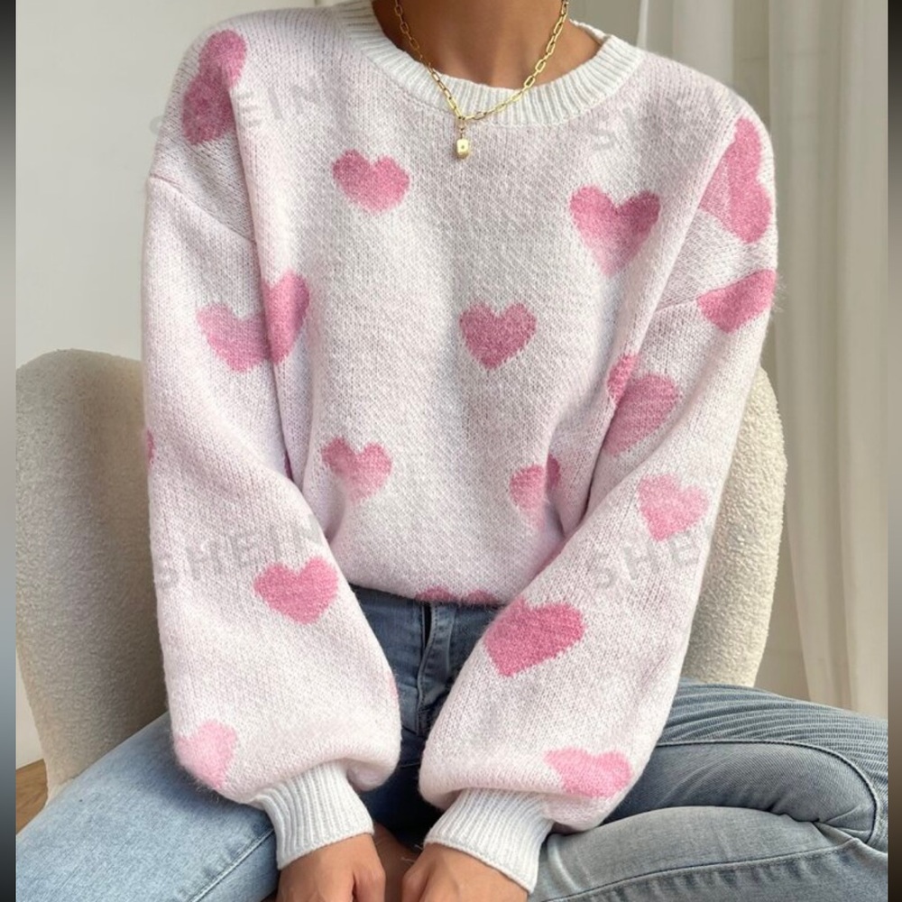 White/Pink Heart Oversized Sweater
